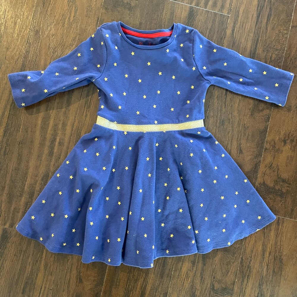 Mini Boden Foil Star Print Dress Navy Gold Twirl Dress Size 4-5